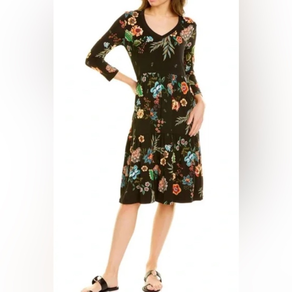 JOHNNY WAS Ardell 3/4 sleeve black floral tiered Bamboo Knit Dress Sz XL
